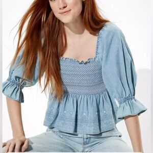 American Eagle Smocked Embroidered Baby Doll Top‎